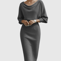 Kathrin | Damen Strick Midikleid Drapiert Elegant Feminin Herbst Cozy – Grau