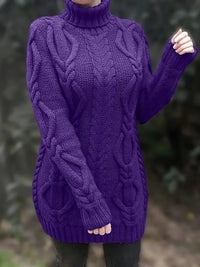 Narda - Klobig Kabel Gestrickt Rollkragen Kleid – Purpur