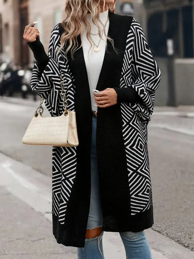 Rerzelha | Moderner geometrischer Strickjacke mit langen Ärmeln und mittlerer Länge