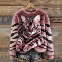 Jules – Weiches Plüsch Sweatshirt Mit Tabby Katzen Und Tiger Muster – Rosa