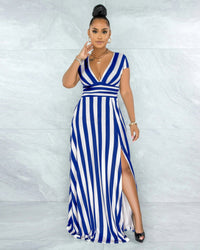 Loscana Kleid | Langes luxuriöses Sommer-Damenkleid mit Streifen – Blau