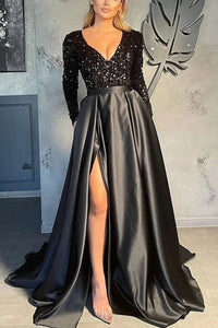 Heidi-Mode | Schöne Langarm V-Ausschnitt Pailletten Satin Festkleid – Schwarz