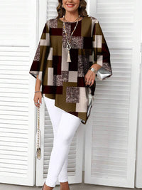 Nurit - Karierte Oversize Bluse Mit Kurzarm Und Drucken – Braun