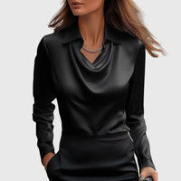Emma | Damen Langarm Top Wasserfallkragen Fließend Elegant Feminin – Schwarz