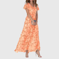 Kathrin | Damen Blumen Maxikleid V-Ausschnitt Romantic Fließend Sommer – Orange