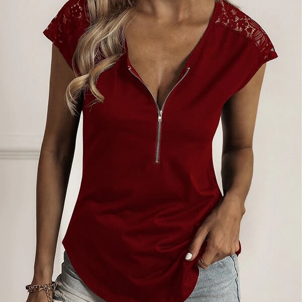 Damen-T-Shirt mit Spitze und Reißverschluss