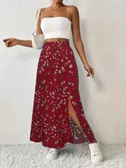 Maria | Floral bedruckter Maxirock mit hochtailliertem Design und Seitenschlitz – Rot