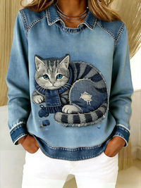 Eponin – Retro Katzen Jeansstoff Flickwerk Sweatshirt – Blau