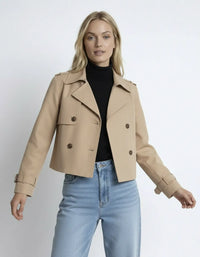 Kurze Trenchjacke für Damen mit doppelter Knopfleiste und Reverskragen – Beige
