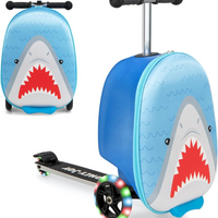 2-in-1 Kinder-Rollerkoffer mit LED-Rädern – Wasserabweisendes Handgepäck für Reise und Spaß, faltbar, für Kinder ab 5 Jahren – Hai
