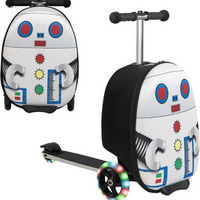 2-in-1 Kinder-Rollerkoffer mit LED-Rädern – Wasserabweisendes Handgepäck für Reise und Spaß, faltbar, für Kinder ab 5 Jahren – Roboter