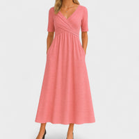 Lilian | Damen Maxikleid V-Ausschnitt Kurzarm Fließend Sommer Elegant – Rosa
