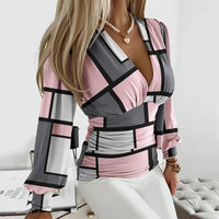 Thea | Netzärmel Tiefer V-Ausschnitt Bluse – Geometrisch Rosa & Grau