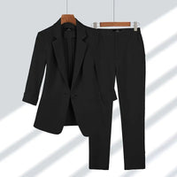 Sommerlicher Hosenanzug für Damen - Stilvoller Zweiteiler mit Blazer und Stoffhose – Schwarz