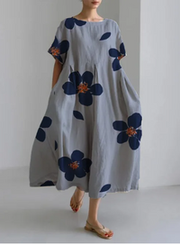 Amalia Blumenkleid | Stilvolles Kleid mit übergroßem Blumenmuster – Grau-Blau