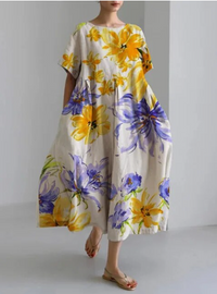 Amalia Blumenkleid | Stilvolles Kleid mit übergroßem Blumenmuster – Gelb-Blau