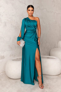 Sophie | Damen Maxikleid elegant einseitig schulterfrei – Türkis