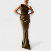 Elegantes Ein-Schulter Maxi-Kleid mit Falten – Dunkelgrün