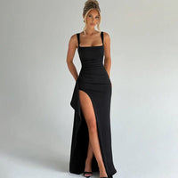 Aria | Elegantes Slip-Maxikleid mit offenem Rücken – Schwarz