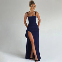 Aria | Elegantes Slip-Maxikleid mit offenem Rücken – Marine