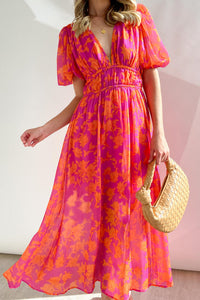Heidi-Mode | Real Love Print Puffärmel Maxi Kleid – Rosa & Orange