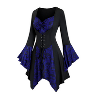 Damen Gothic Halloween-Kleid mit Spitze | Midi-Länge und Trompetenärmeln – Blau