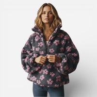 Bunter Oversize Teddy Pullover für Damen mit kurzem Reißverschluss und Stehkragen – Lila