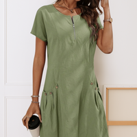 Ester™ | Elegantes Baumwollkleid mit kurzen Ärmeln und Taschen – Grün