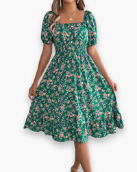 Damen Romantisches Shirred Midi Kleid | Blumenmuster – Grün