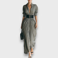Marlenia – Maxikleid mit Kragen und Bindegürtel – Grau
