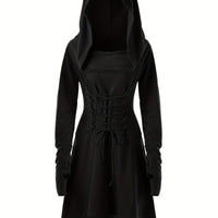 Damen Halloween-Kleid mit Kapuze | Schnürung & Asymmetrischer Saum – Schwarz