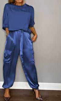 Tara - Modisches Satin-Outfit-Set – Blau