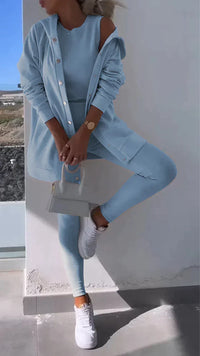 Heidi-Mode | Dreiteiliges Ensemble Kapuzen-Cardigan Sweatshirt – Blau