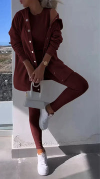 Heidi-Mode | Dreiteiliges Ensemble Kapuzen-Cardigan Sweatshirt – Bordeaux