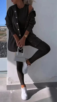 Heidi-Mode | Dreiteiliges Ensemble Kapuzen-Cardigan Sweatshirt – Schwarz