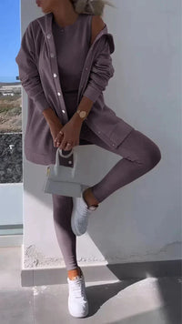 Heidi-Mode | Dreiteiliges Ensemble Kapuzen-Cardigan Sweatshirt – Grau lila