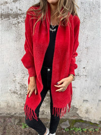 Elegante Fransenschal-Strickjacke für Frauen – Rot