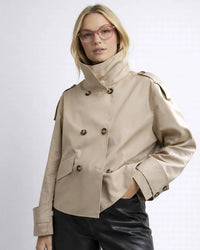 Kurzer Trenchcoat für Damen mit doppelter Knopfleiste und hohem Kragen – Beige