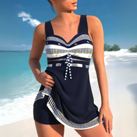 Aztekenmuster Raffung Tankini Badekleid – Dunkelblau