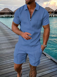 Zweiteiler für Herren - Stilvolles Set mit Poloshirt und Shorts für den Sommer – Pfauenblau