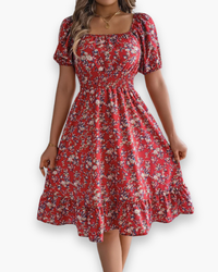 Damen Romantisches Shirred Midi Kleid | Blumenmuster – Rot