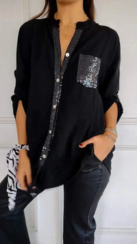 Jasmine | Elegantes V-Ausschnitt-Shirt mit funkelnden Pailletten für Damen – Schwarz
