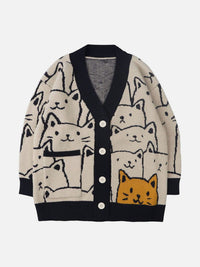 Gestreifte Katzenmuster Strickjacke – Beige
