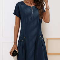Ester™ | Elegantes Baumwollkleid mit kurzen Ärmeln und Taschen – Marine