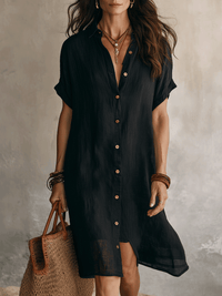 Heike | Bequemes Leinenkleid mit Knopfleist – Schwarz