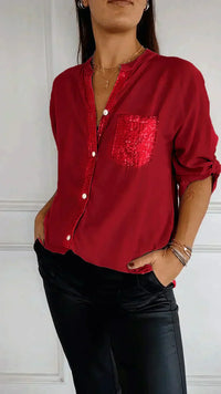 Jasmine | Elegantes V-Ausschnitt-Shirt mit funkelnden Pailletten für Damen – Rot