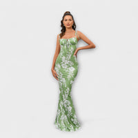 Thalia - Floral Print Prom Dress mit gebundenen Schulterträgern – Grün