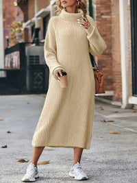 Damen Strickkleid Rollkragen | Langarm und Midi-Länge – Beige