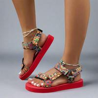 Heriberta | Bequeme Sandalen für empfindliche Füße – Rot mit gelben Blumen