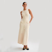 Imane | Langes ärmelloses Kleid mit Knöpfen – Aprikose